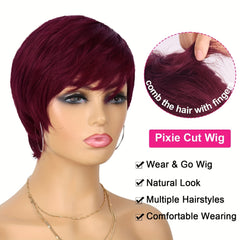 Burgundy Short Pixie Cut Human Hair Wigs For Women