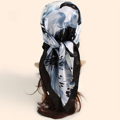 Flower Printed Square Scarf Silk Feeling Headband Casual Hair Wrap