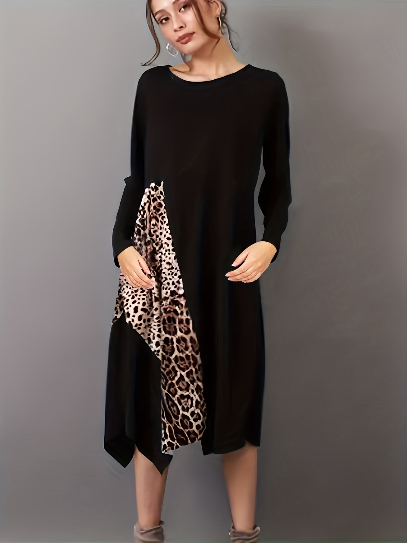 Leopard Print Lounge Dress Long Sleeve Crew Neck Women's Loungewear