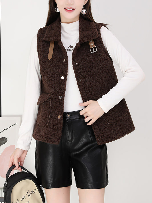 Solid Teddy Vest Casual Button Front Sleeveless Warm Vest