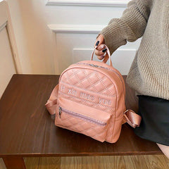 Embroidered Zipper Backpack Solid Quilted Detail Rucksack