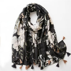 Flower Print Scarf Boho Tassel Shawl Outdoor Beach Travel Windproof Head Wrap
