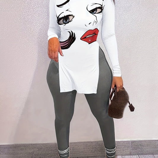 Figure Print T shirt & High Waist Pants Set Women's Outfit