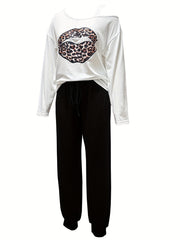Lips Print Long Sleeve Top & Jogger Pants Set