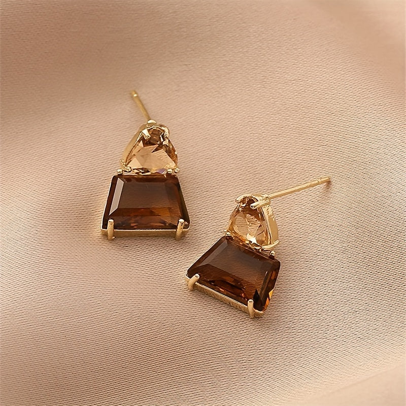 14k Plated Japanese & Brown Faux Crystal Earrings - Mother's Gift