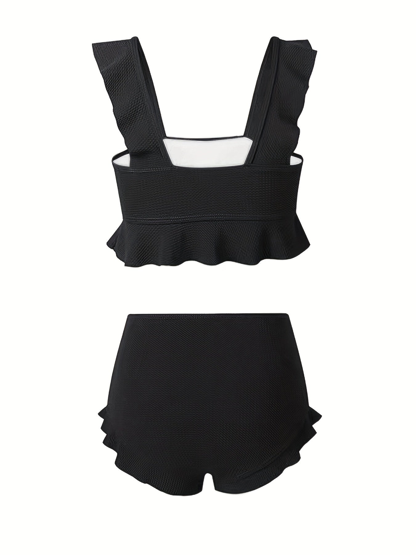 Ruffle Trim High Waist Bikini Solid 2 Piece Swimsuit