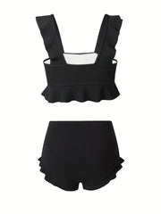Ruffle Trim High Waist Bikini Solid 2 Piece Swimsuit