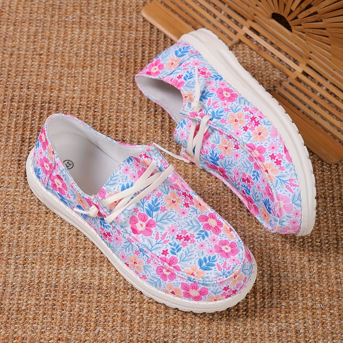 Floral Print Canvas Lace Up Sneakers Lightweight Low Top Shoes