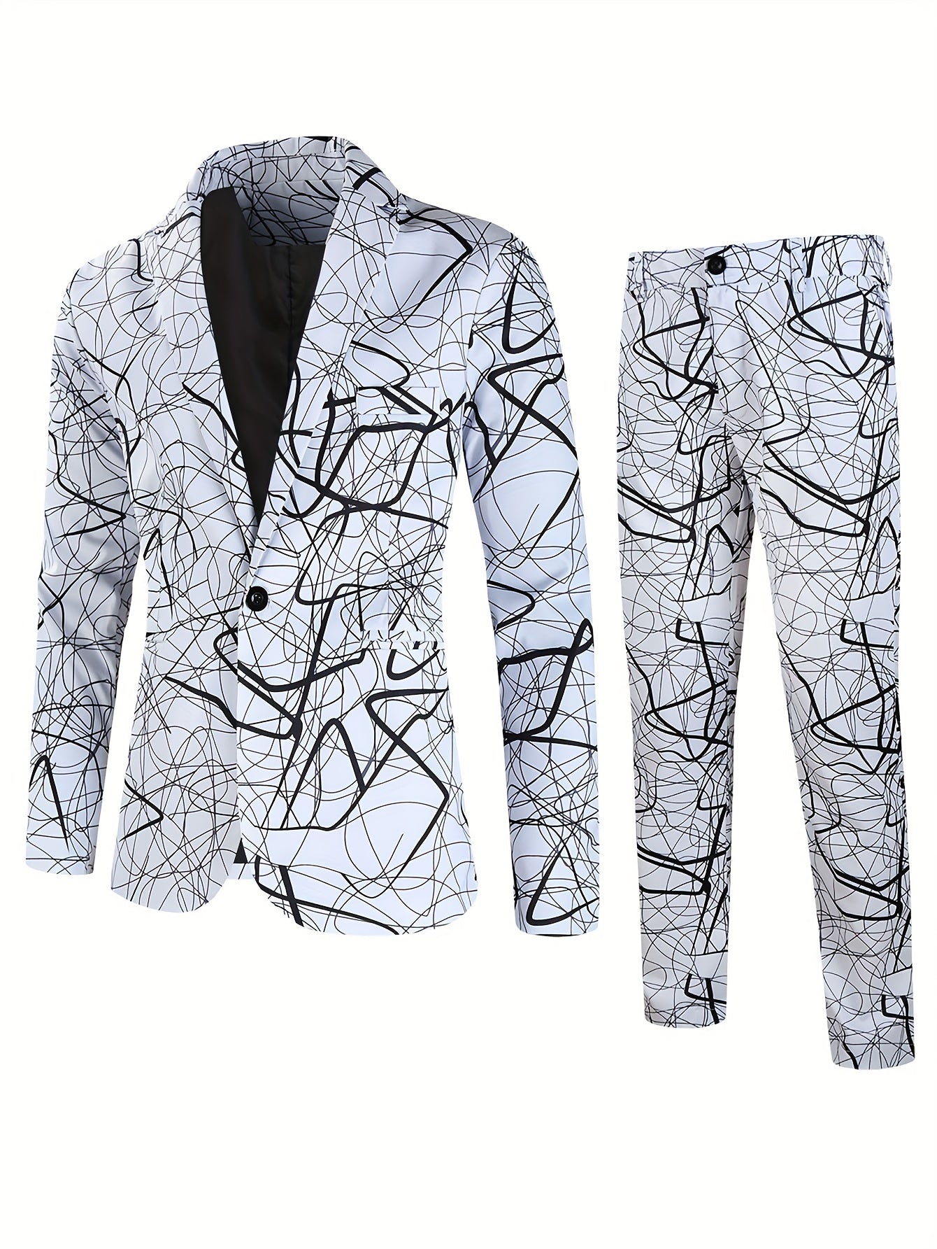 Print Suit Set Men's One Button Lapel Jacket & Pants Suit Set