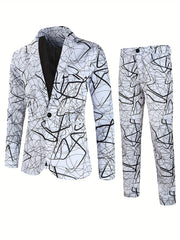Print Suit Set Men's One Button Lapel Jacket & Pants Suit Set