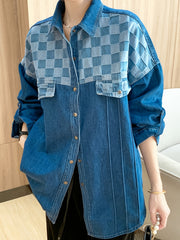  Colorblock Checker Print Denim Shacket