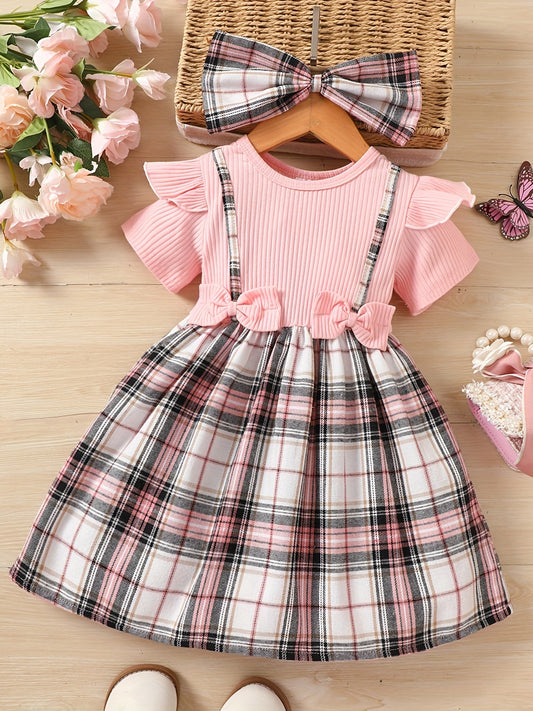 Toddler Girls Short Sleeve Plaid Graphic Bow Front Princess Tee