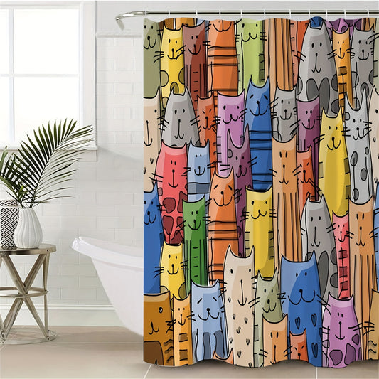 Cartoon Cat Shower Curtain Waterproof Mildew Proof Bathroom Decor