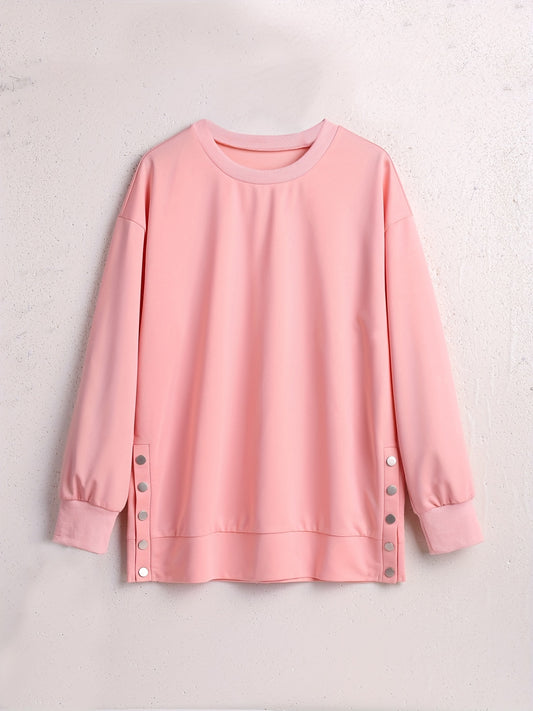 Solid Button Side Sweatshirt Casual Long Sleeve Crew Neck Sweatshirt Women's Clo