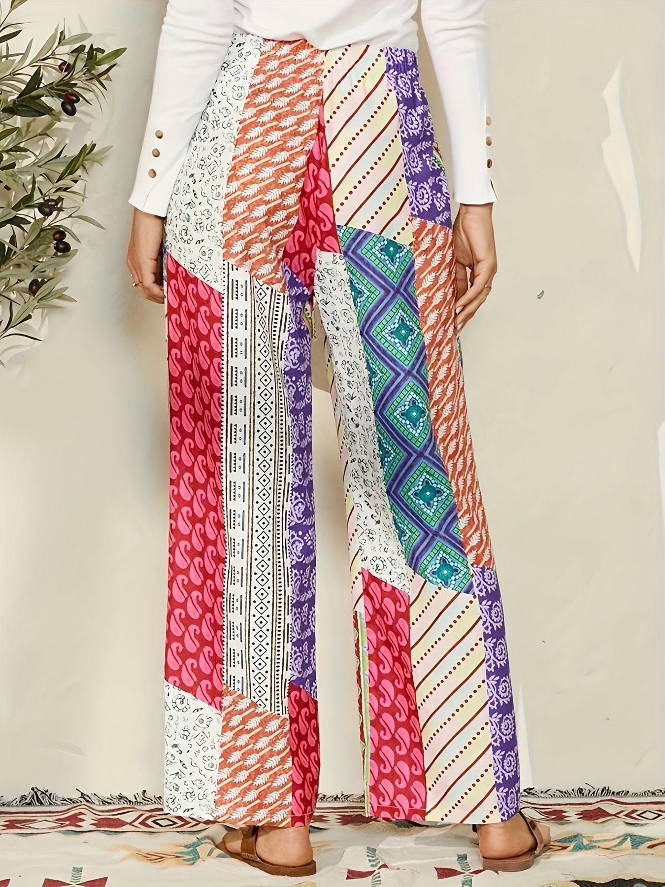  Patchwork Geo Print Loose Trousers With Belt
