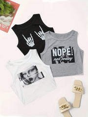3 Pack Plus Size Casual Tank Top Women's Plus Graphic & Slogan Print Round Neck
