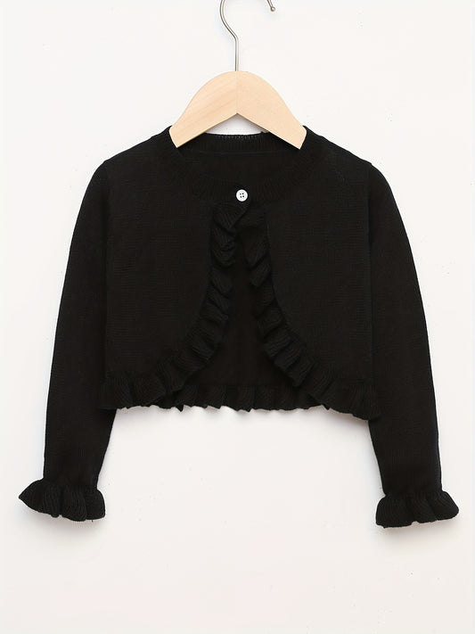 Girls' Knit Cardigan Single Button Flounce Cuff Long Sleeve Thin Cardigan