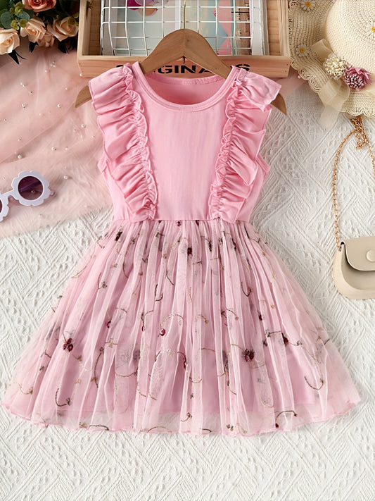 Girls Floral Print Lace Mesh Dress Kids Summer Clothing