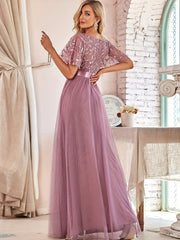 Mesh Contrast Maxi Party Dress Short Sleeve Crew Neck Evening Wear