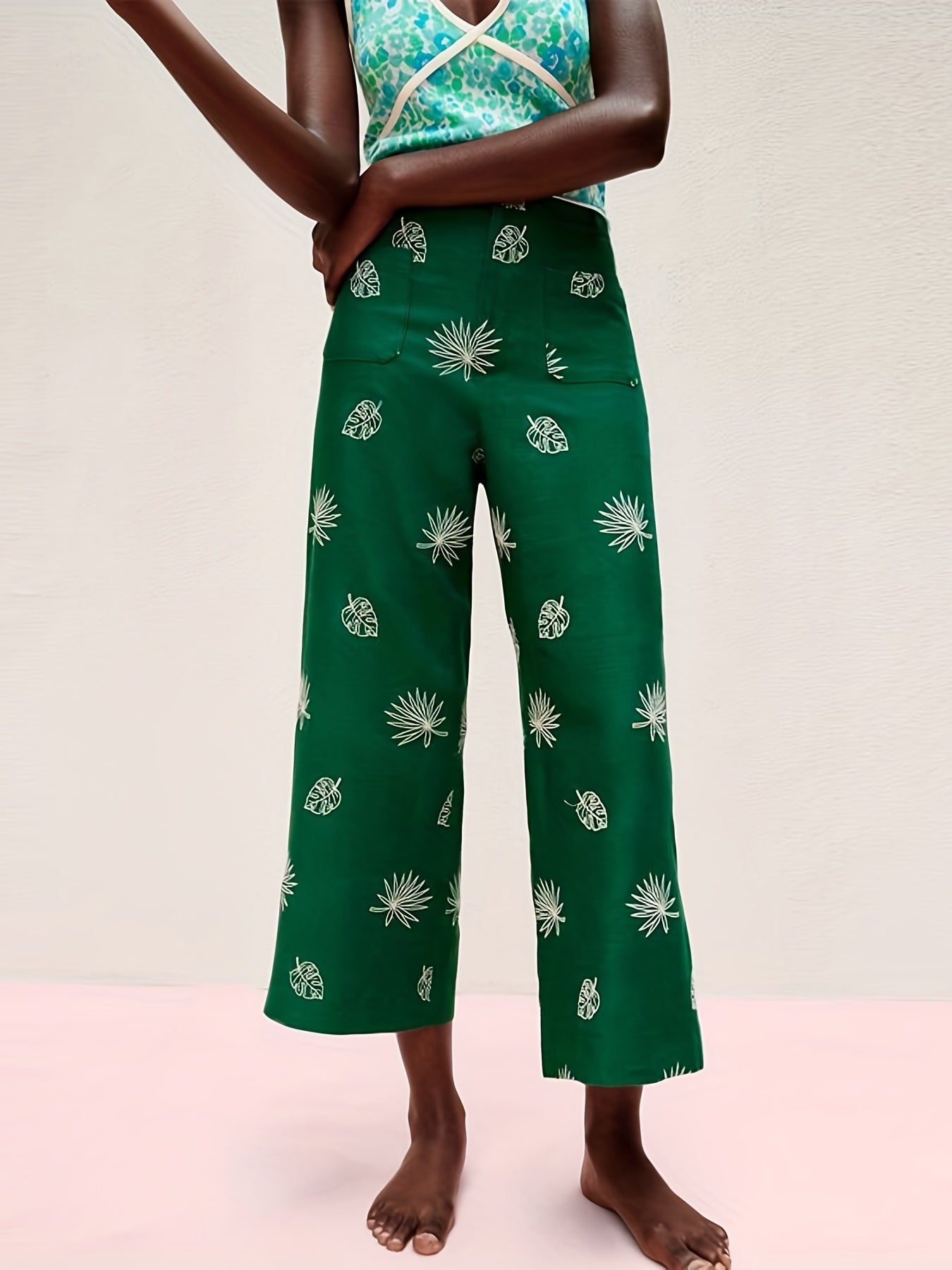  Leaf Print Button Fly High Rise Wide Leg Trousers