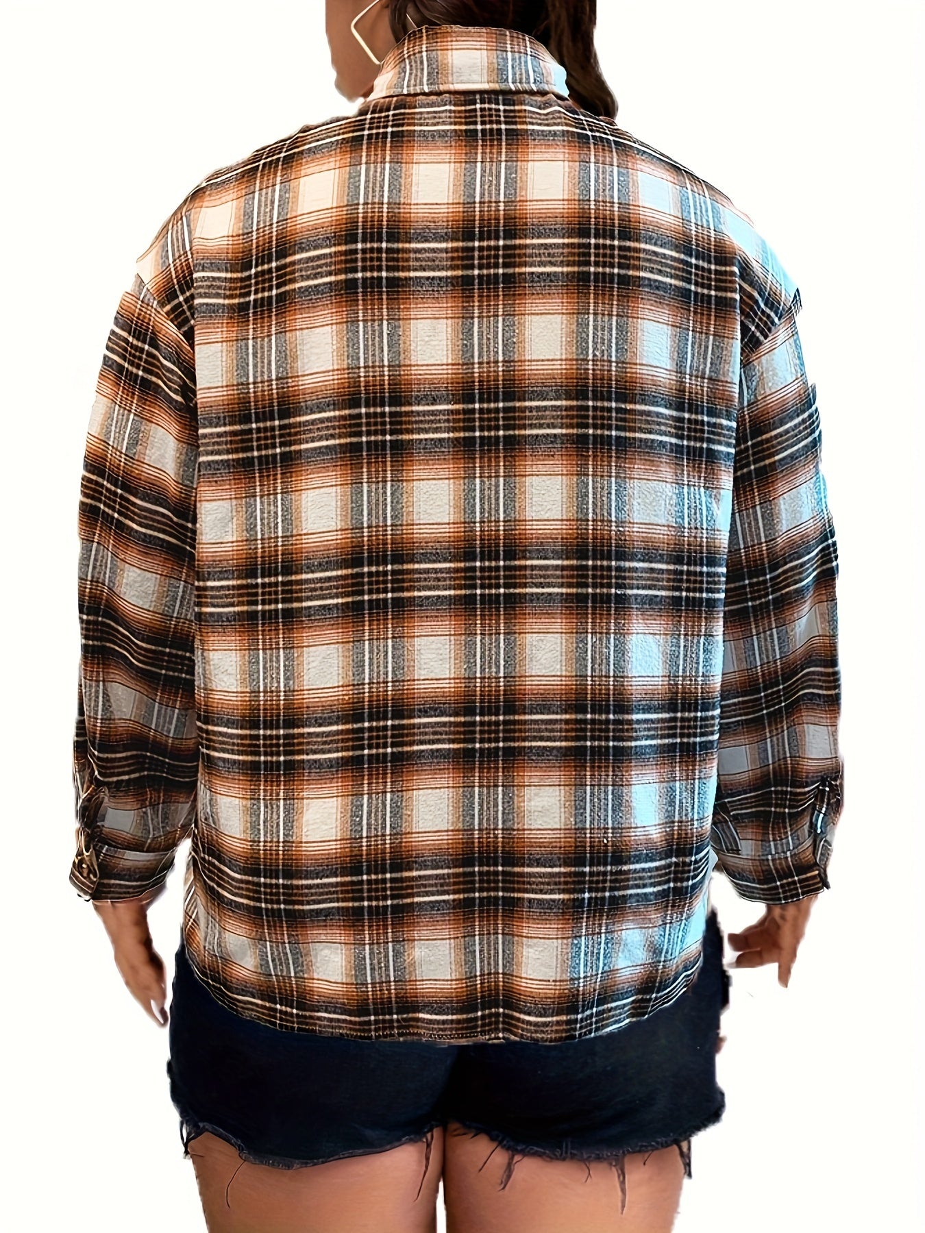  Plaid Print Button Up Long Sleeve Shacket