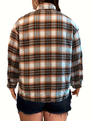  Plaid Print Button Up Long Sleeve Shacket