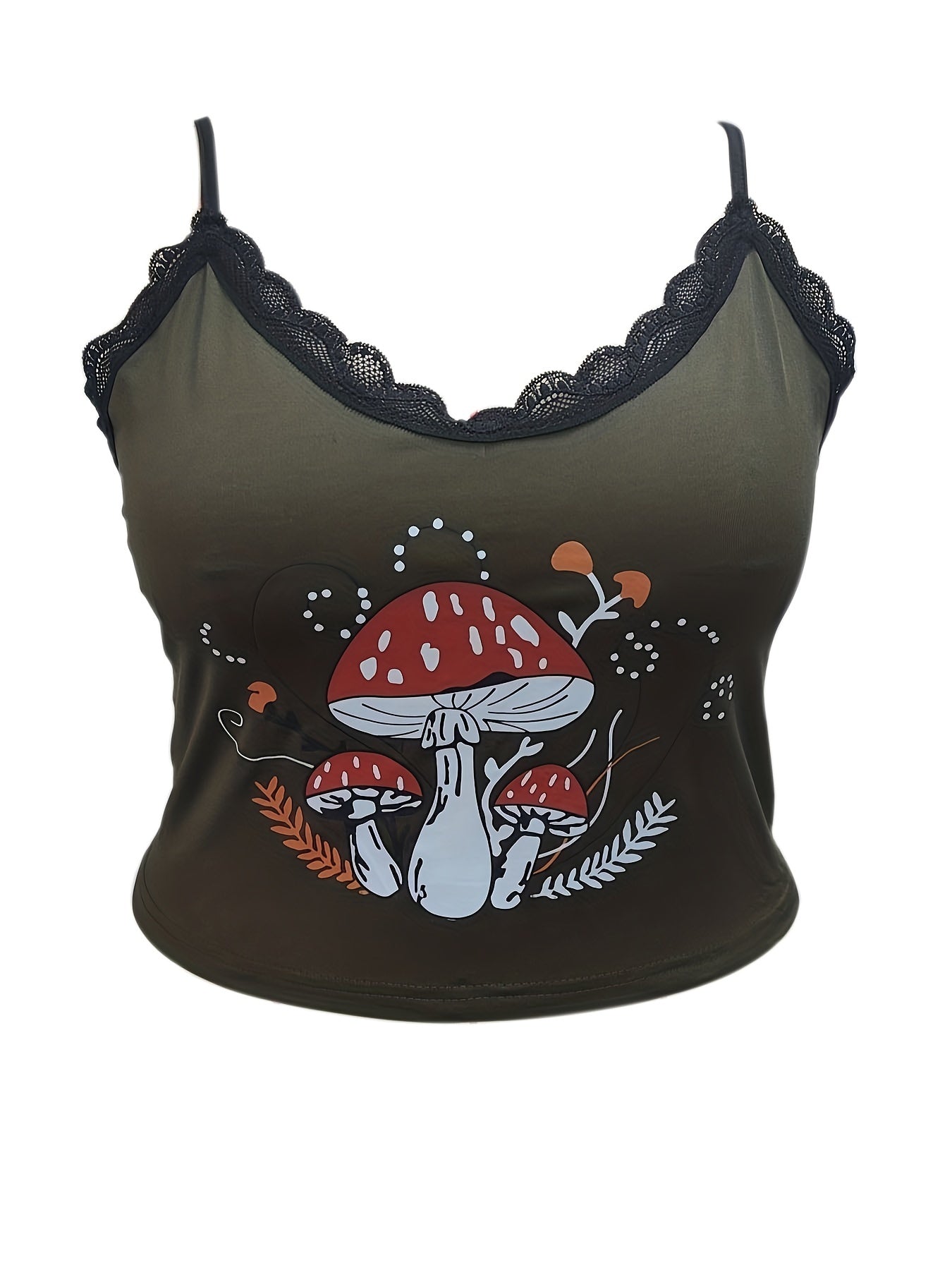  Sexy Cami Top Mushroom Print Contrast Lace Trim V Neck Slight Stretch