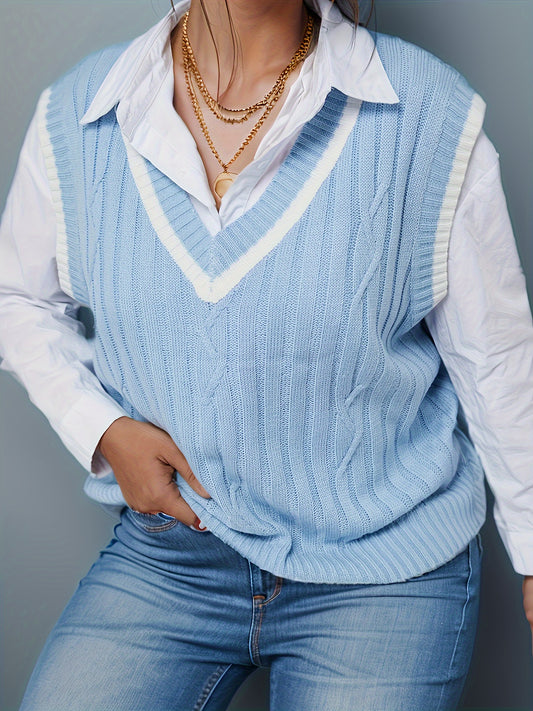  Preppy Sweater Vest Women's Plus Striped V Neck Knit