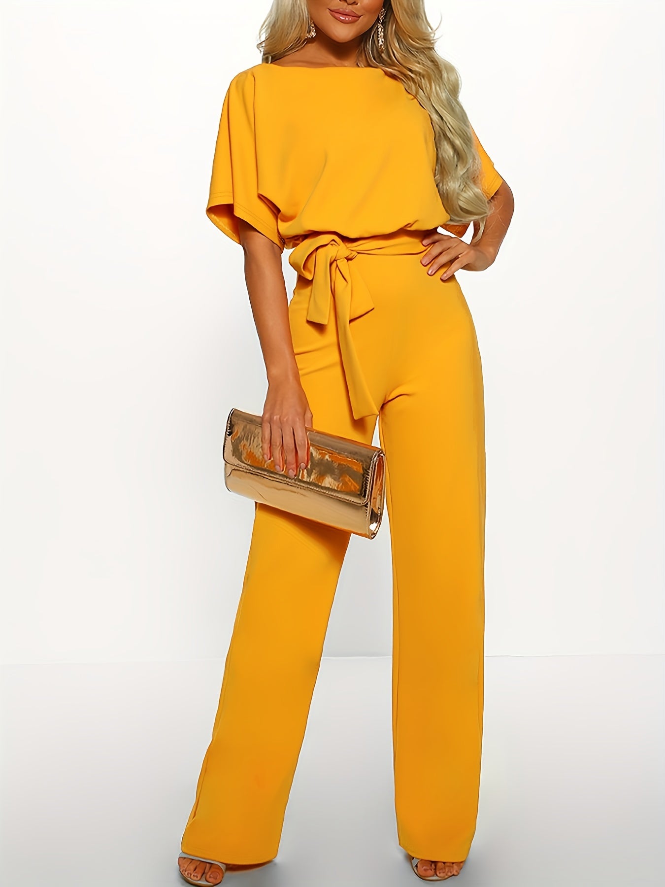 Batwing Sleeve Belted Jumpsuit Solid Casual Jumpsuit Women's Clothing