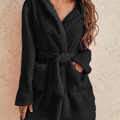 Cozy Fuzzy Hooded Robe with Belt & Pockets