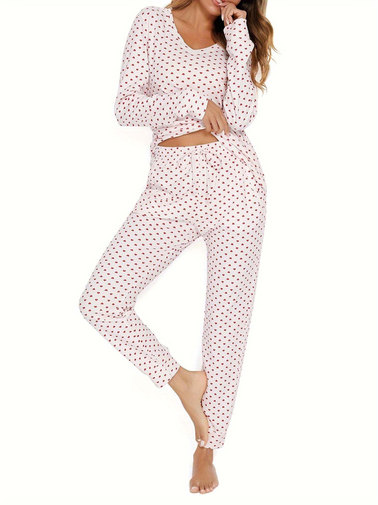 Heart Print Lounge Set Long Sleeve V Neck Top & Pants Women's