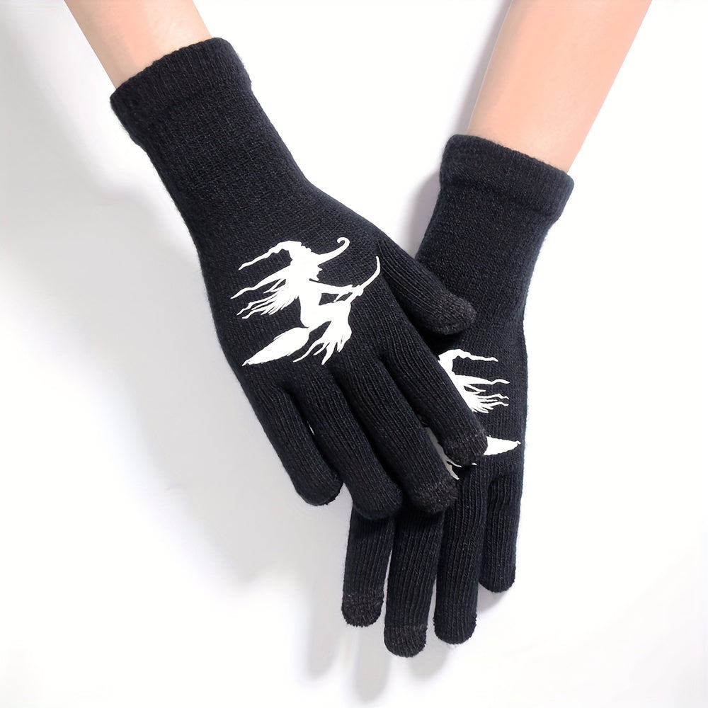 Halloween Witch Touch Screen Knitted Gloves, Windproof Warm Winter Gloves