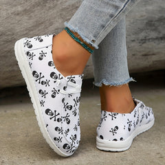 Skull Pattern Flat Loafers Lace Up Canvas Shoes Lightweight Daily Shoes
