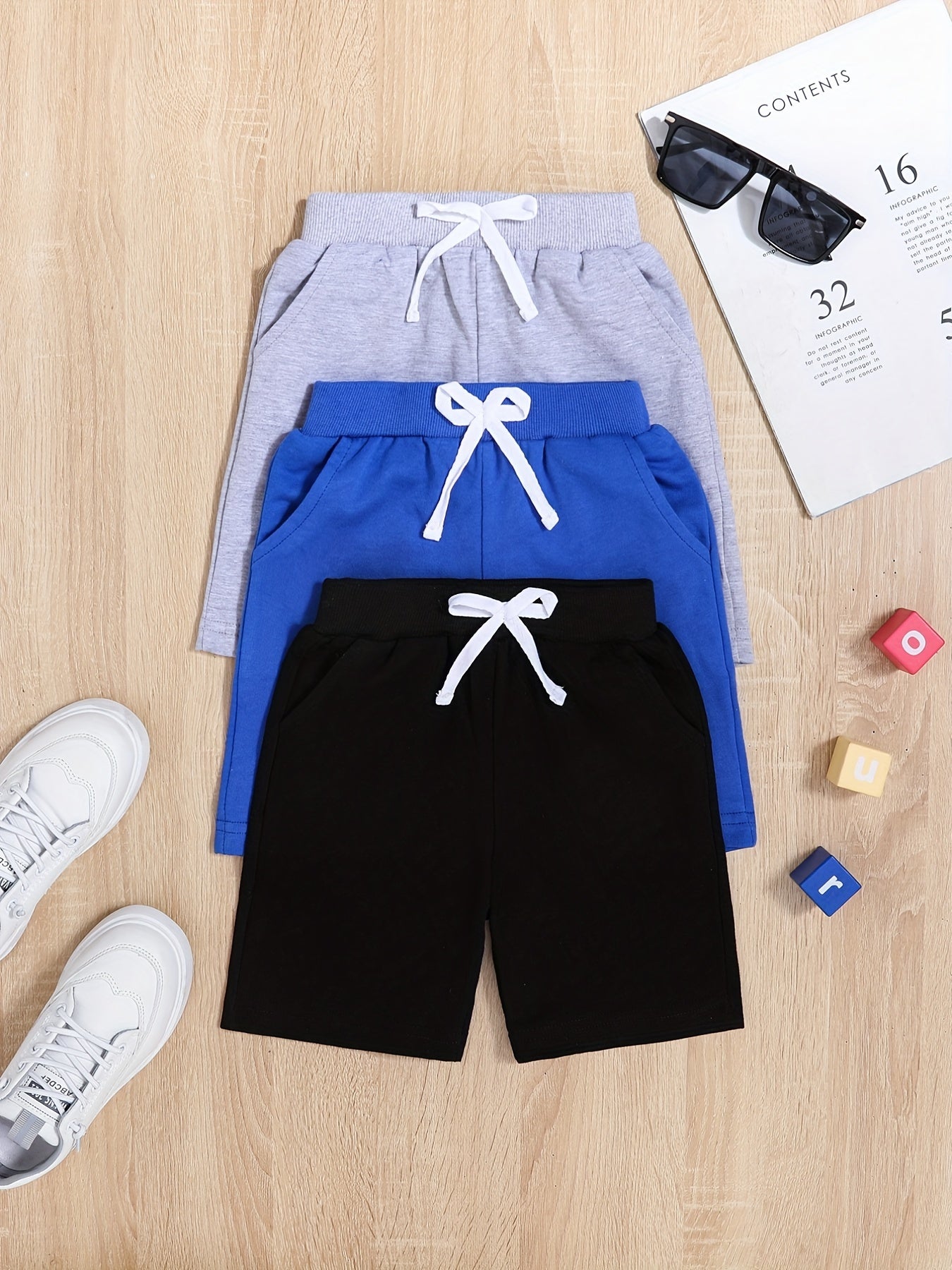 3pcs Boys Grey Drawstring Quick Dry Shorts