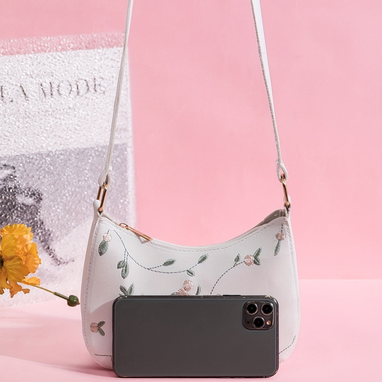 Flower Embroidered Shoulder Bag Zipper Stylish Baguette Bag