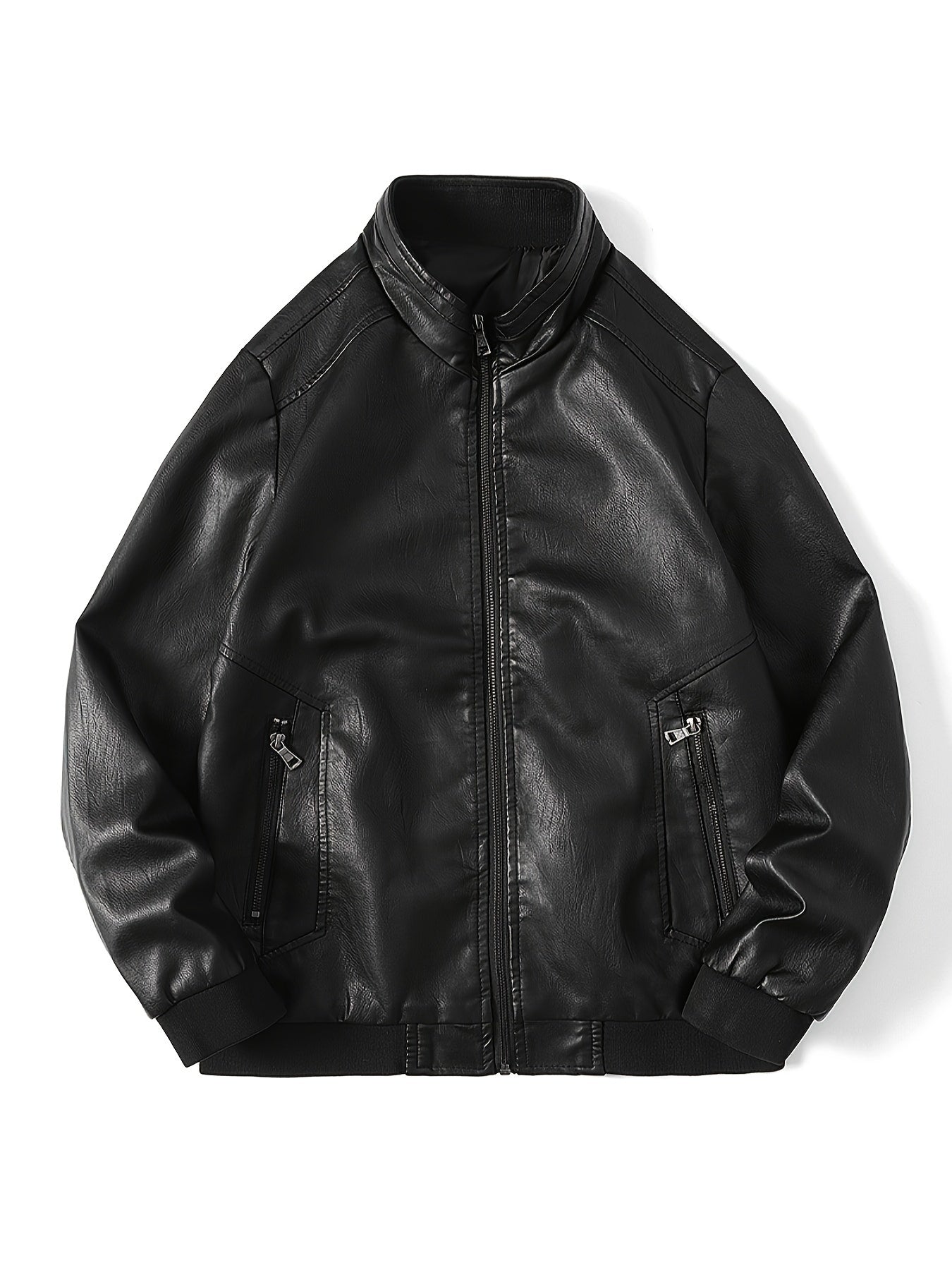 Men's Stylish PU Leather Jacket Zip Up Long Sleeve Jacket