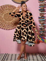  Leopard Half Sleeve V Neck Stretch Dress