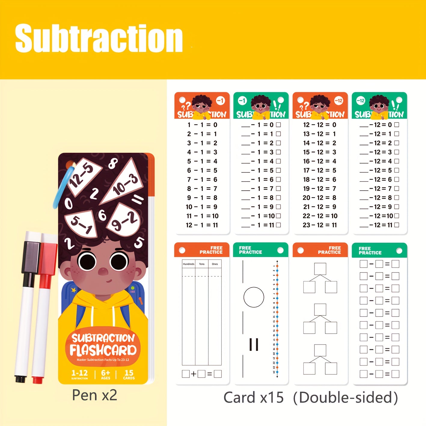 15pcs Erasable Learning Cards Math Addition Subtraction Multiplication Division