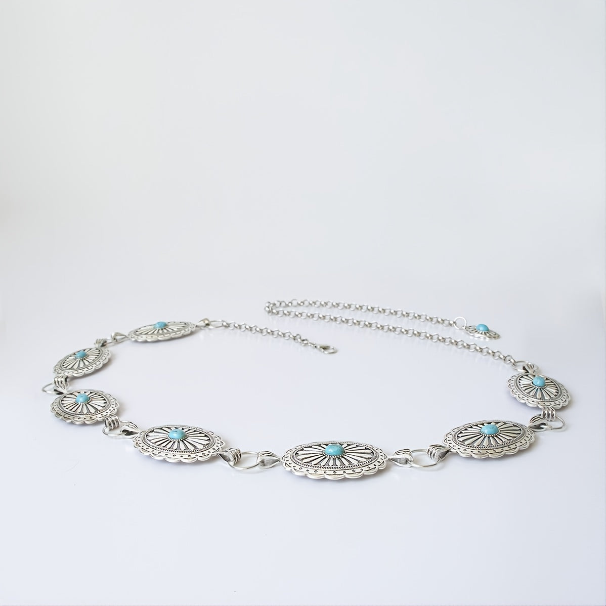 Turquoise Chain Waist Belt Silver Cowgirl Western Oval Tripe Belts