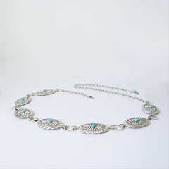 Turquoise Chain Waist Belt Silver Cowgirl Western Oval Tripe Belts