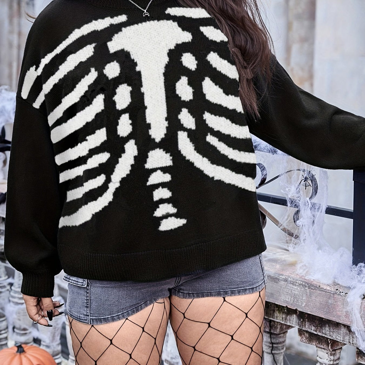 Women's Plus Size Halloween Skull Print Sweater