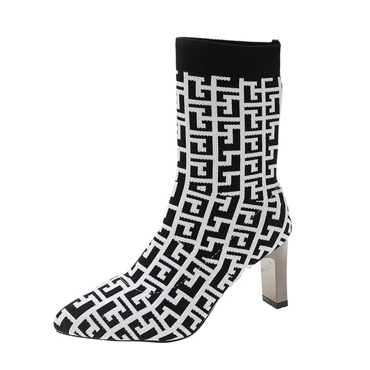 Greek Pattern Point Toe Sock Boots