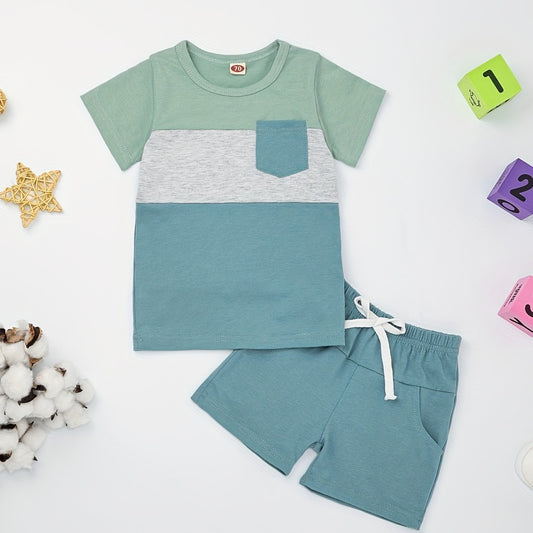2pcs Baby Boys Block Pocket Patched T shirt & Shorts Set Clothes