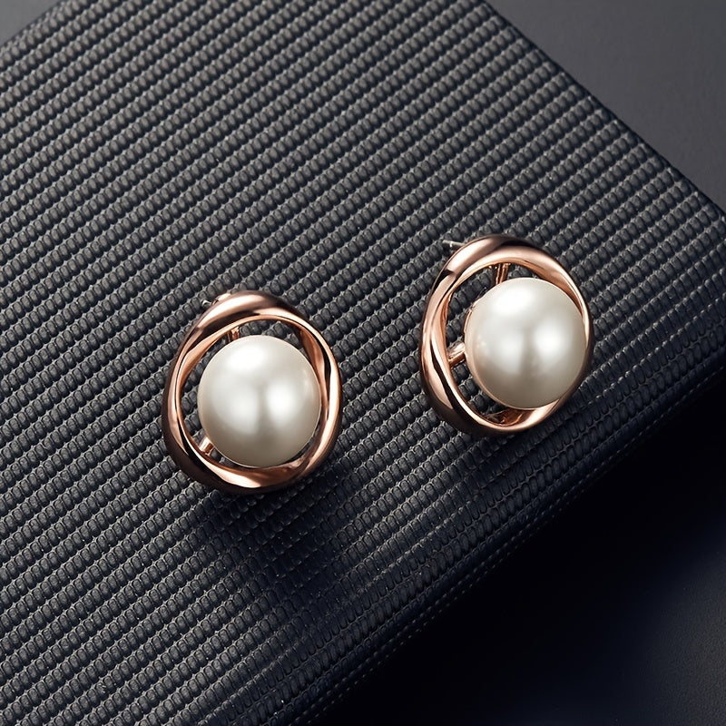 Faux Pearl Inlaid Round Jewelry Set Pendant Necklace & Stud Earrings