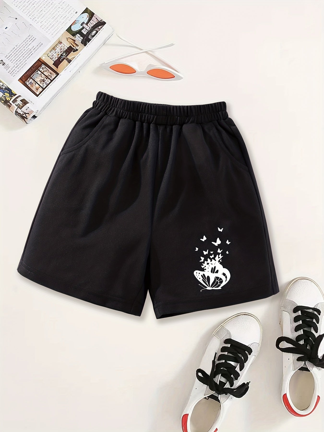 Girls Shorts Tiny Butterflies Print Casual Sweat Shorts Comfy Fit Elastic Waist