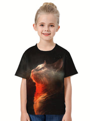 3D Cat Graphic Crew Neck Short Sleeve T shirt for Girls