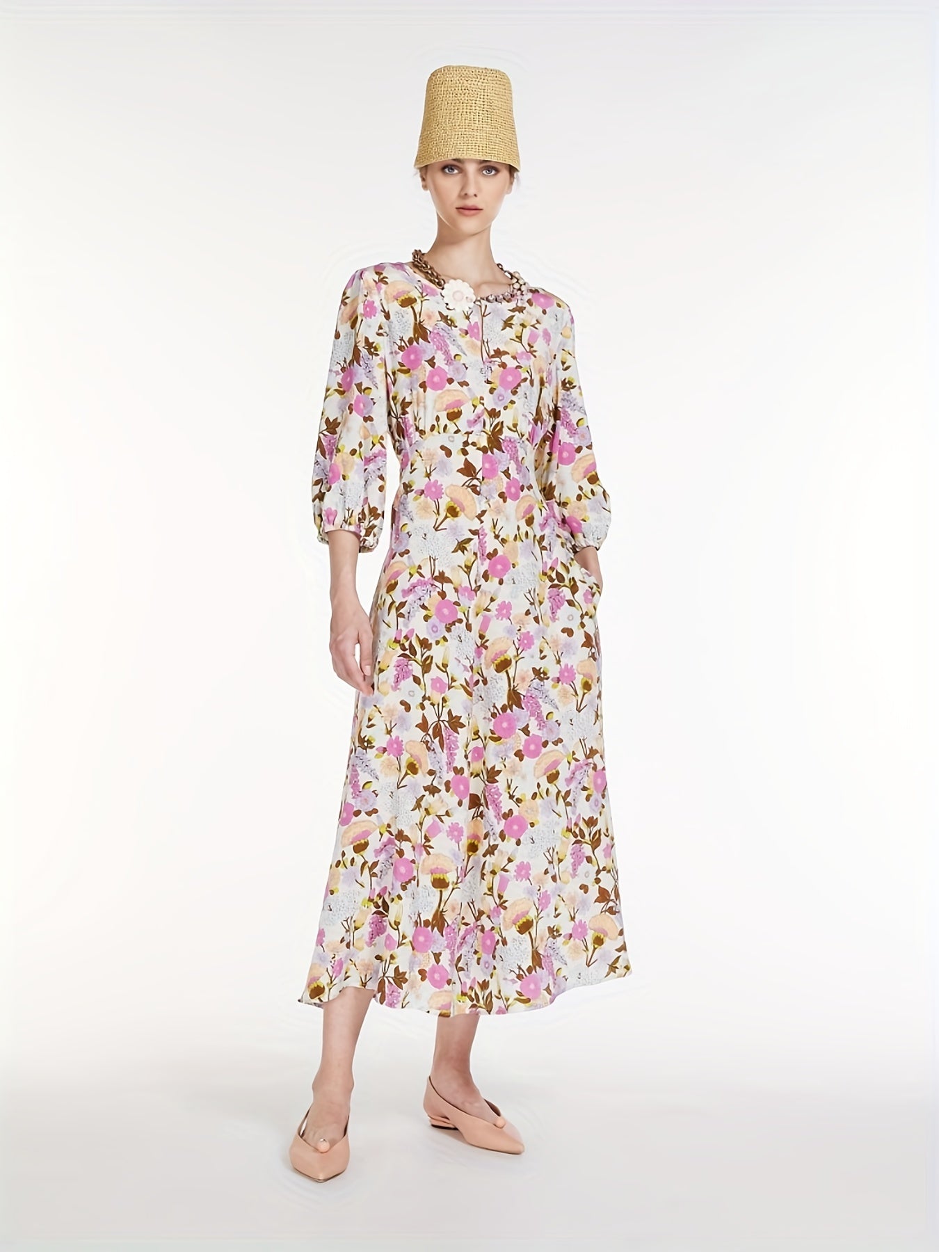 Floral Print Lantern Sleeve Maxi Dress