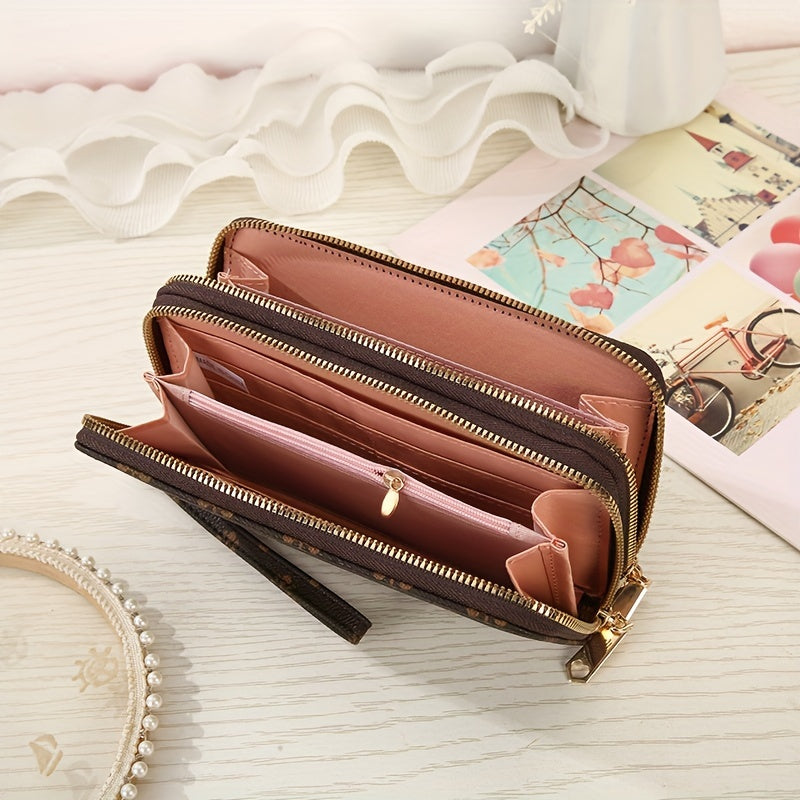 Vintage Double Zip Long Wallet with Phone Pocket