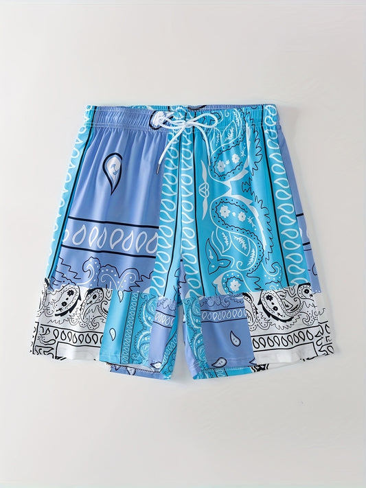 Block Digital Print Men's Drawstring Shorts Swim Wear Casual Swim Trunks