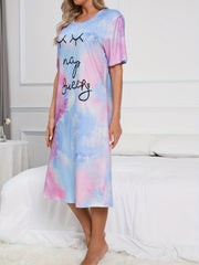 Tie Dye Letter Print Lounge Dress Short Sleeve Long Dress Women's Loungewear